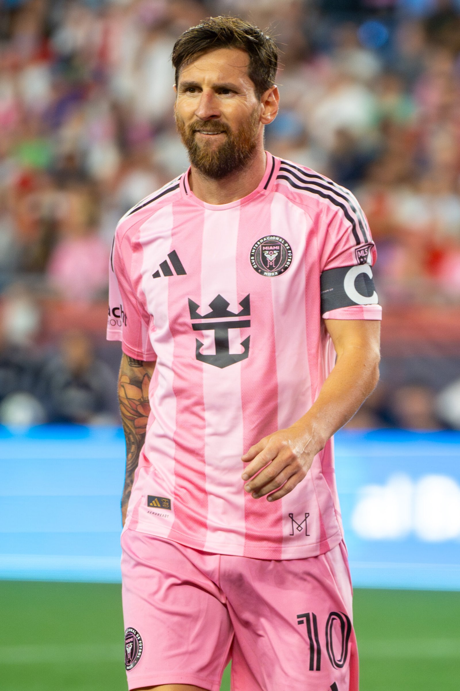 Lionel Messi in his Inter Miami kit on the pitch during an MLS match